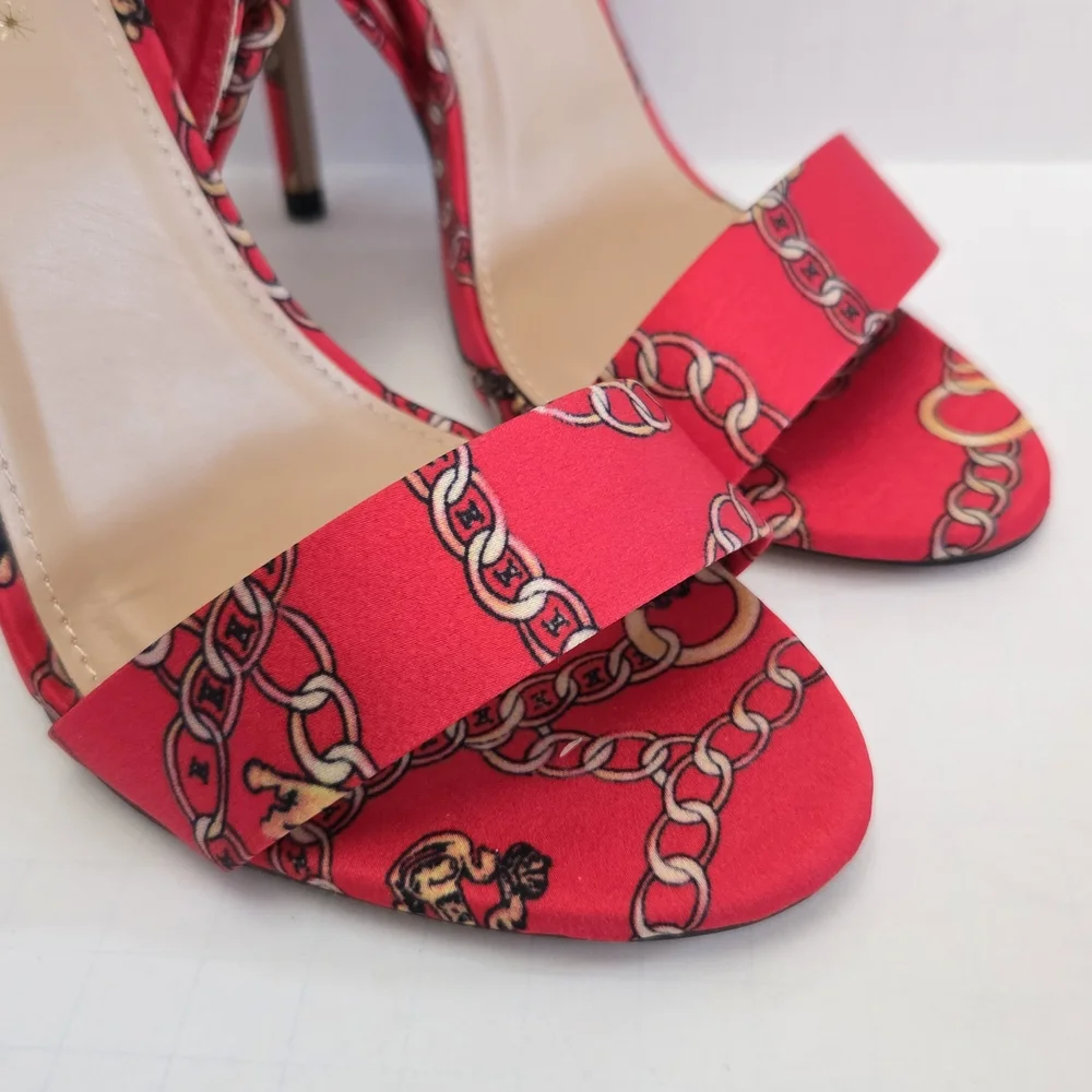 ​NWB ShoeDazzle Riza Sandals Sz 7 - Red Multicolor Lace Up Stiletto Dress Heels - Picture 2 of 5